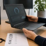 Begagnad laptop kontrolleras för portar, batteri, tangentbord och prestanda