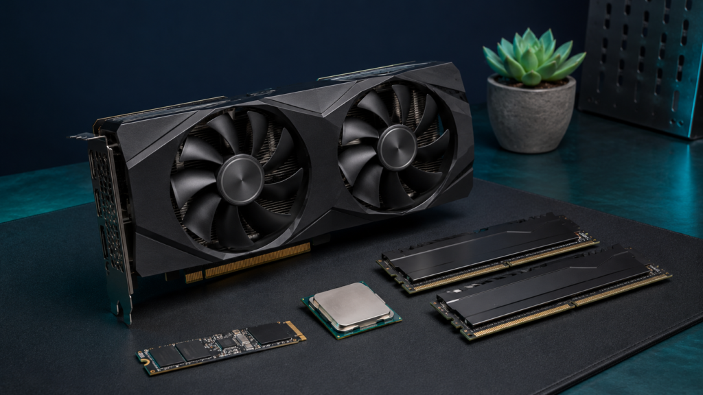 Begagnat grafikkort, RAM-minnen, processor och M.2-SSD på en arbetsbänk