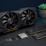 Begagnat grafikkort, RAM-minnen, processor och M.2-SSD på en arbetsbänk