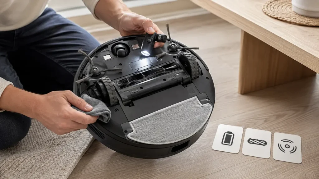 Begagnad robotdammsugare granskas undertill för borstar, hjul, sensorer och batteri