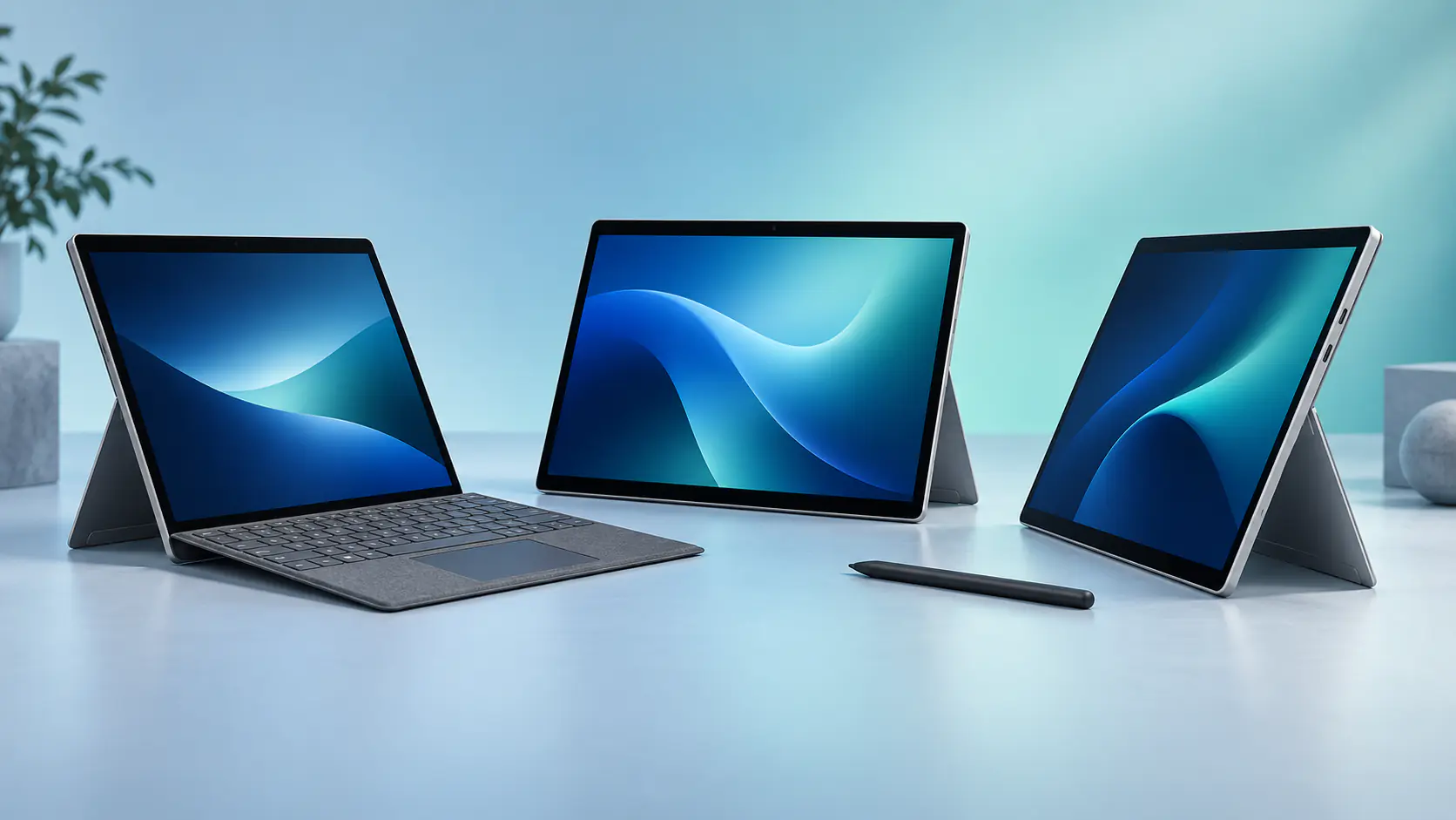 Tre begagnade Microsoft Surface Pro-modeller med tangentbord och penna
