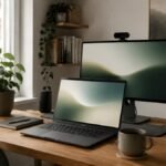 Laptop på ett lugnt hemmakontor med extern skärm, webbkamera och högtalare