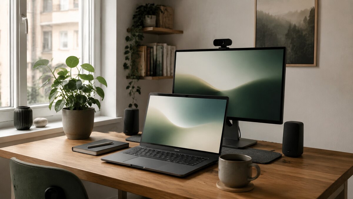Laptop på ett lugnt hemmakontor med extern skärm, webbkamera och högtalare