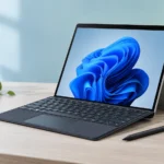 Illustrationsbild av Microsoft Surface Pro 8 med tangentbord, stödben och penna