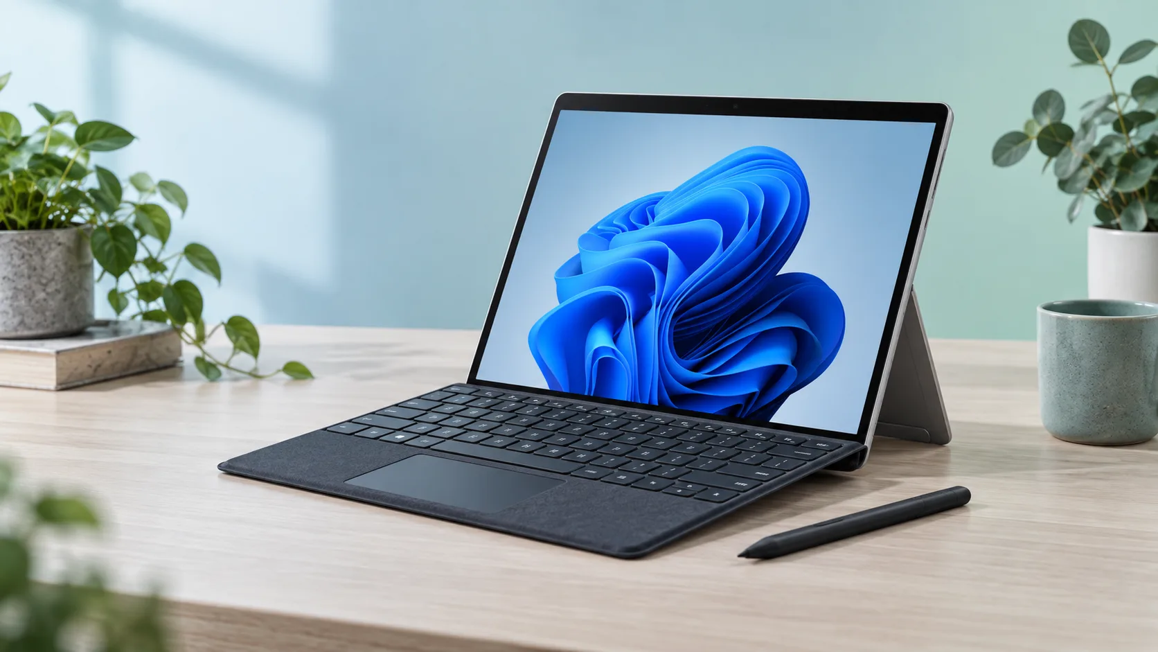 Illustrationsbild av Microsoft Surface Pro 8 med tangentbord, stödben och penna