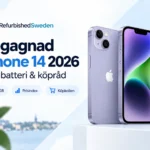 Violett iPhone 14 visad framifrån och bakifrån
