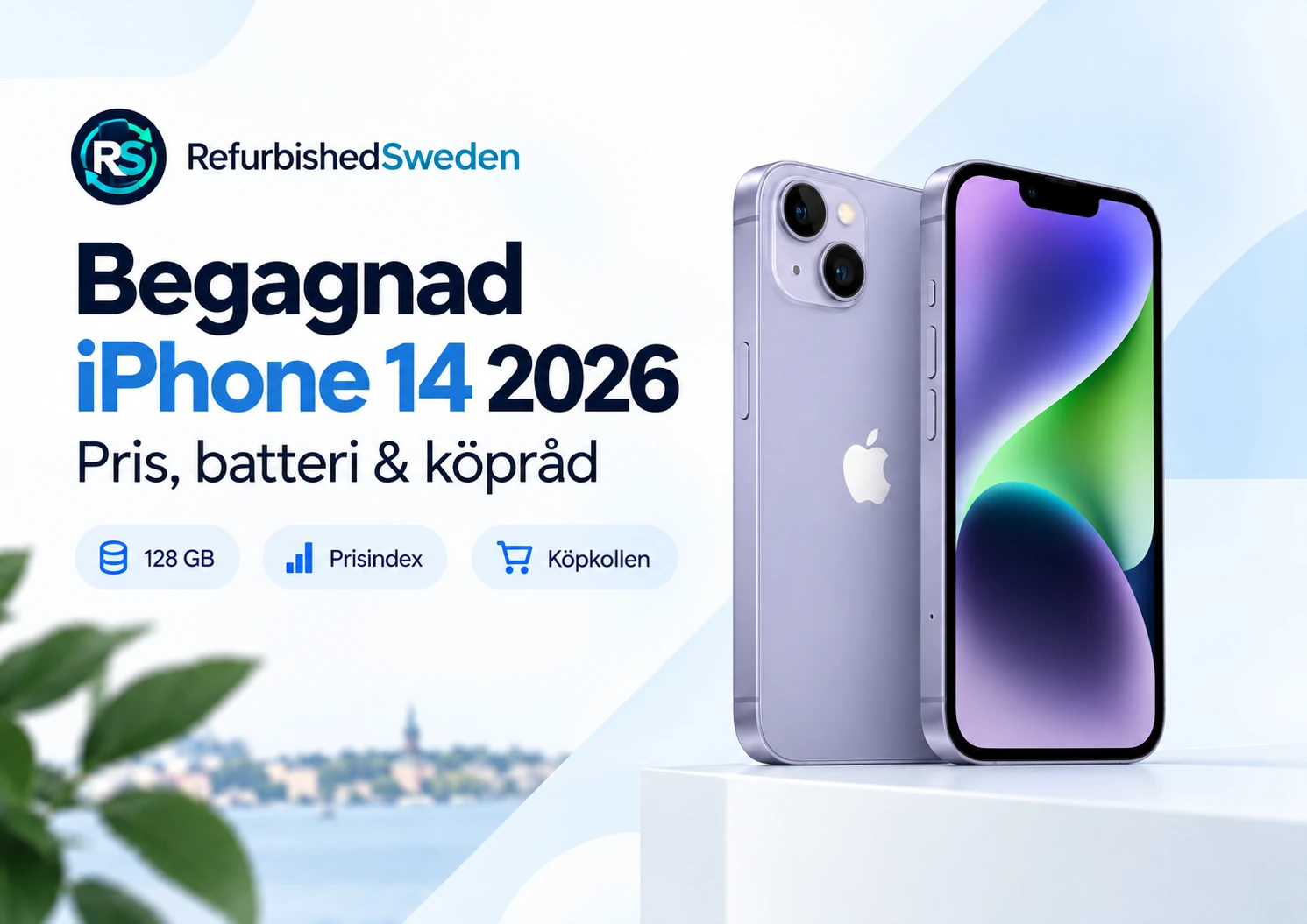 Violett iPhone 14 visad framifrån och bakifrån