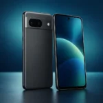 Google Pixel 8 framifrån och bakifrån mot mörk blågrön bakgrund