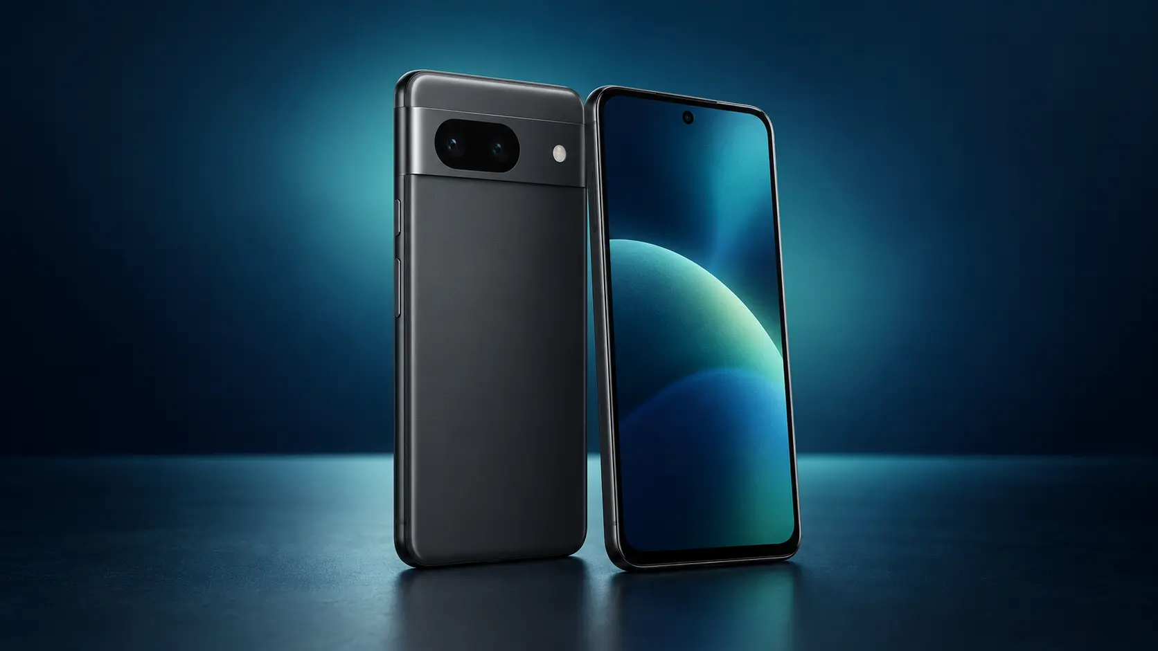 Google Pixel 8 framifrån och bakifrån mot mörk blågrön bakgrund