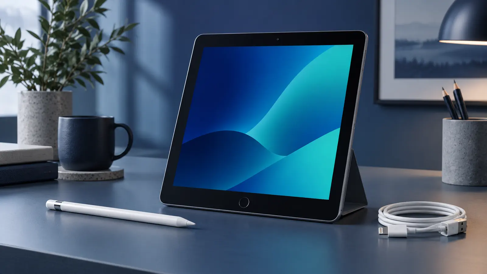 Begagnad Apple iPad 9 med hemknapp, penna och Lightning-kabel