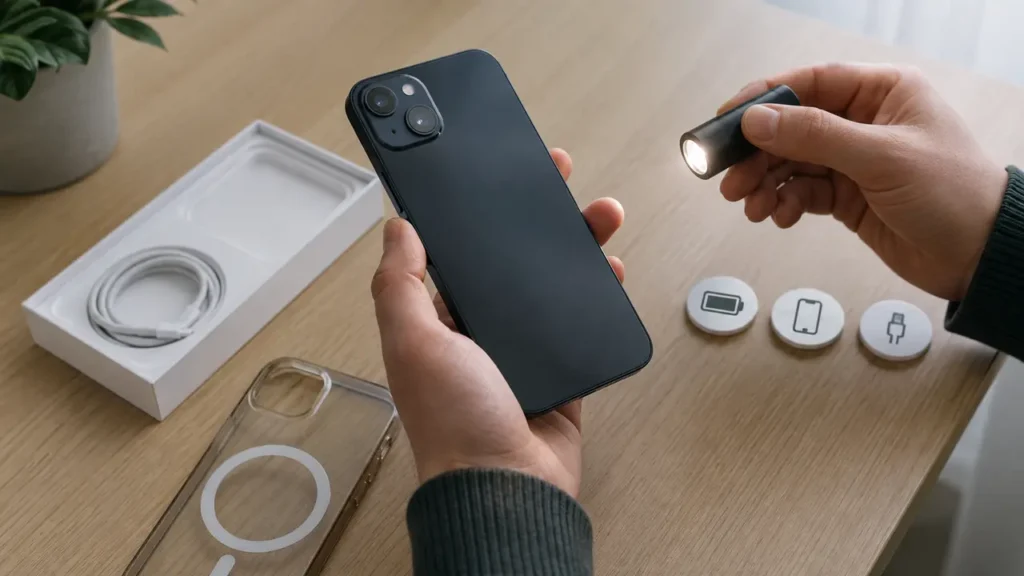 Begagnad iPhone 14 kontrolleras för skick, batteri och tillbehör