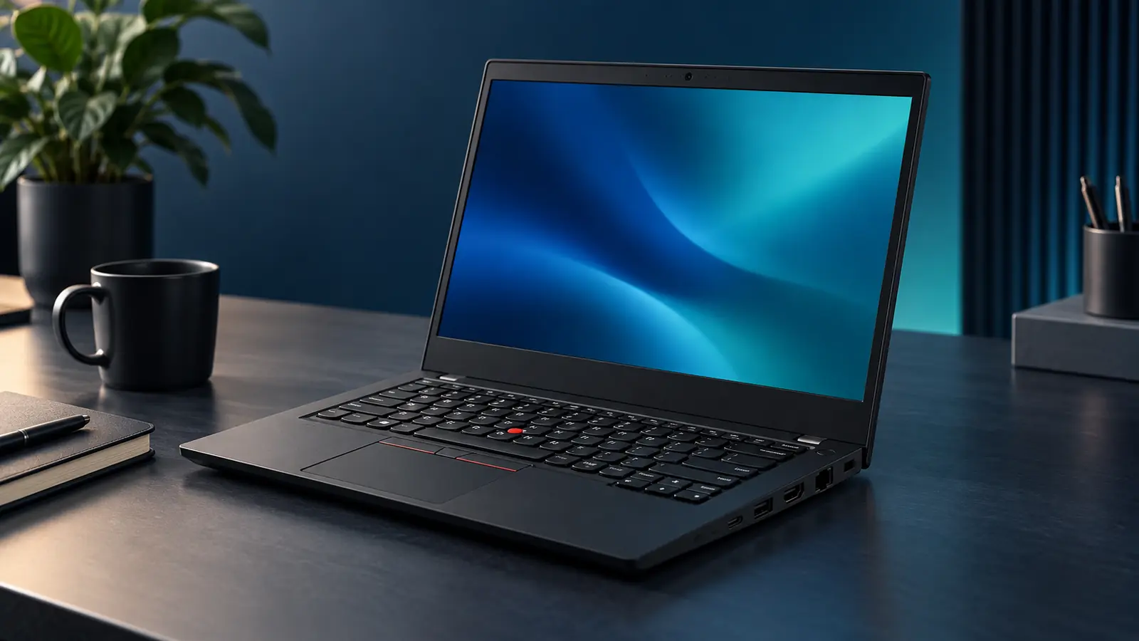 Begagnad Lenovo ThinkPad T14 med röd TrackPoint på ett skrivbord