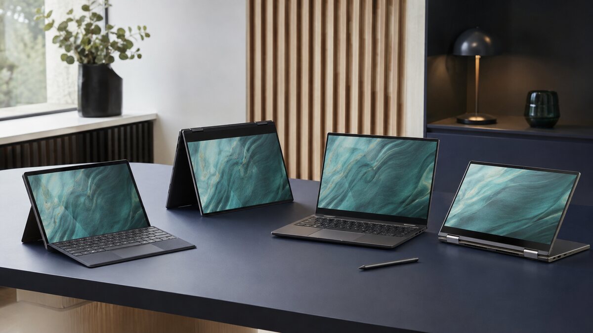 Fyra begagnade laptops med pekskärm i olika 2-i-1-format