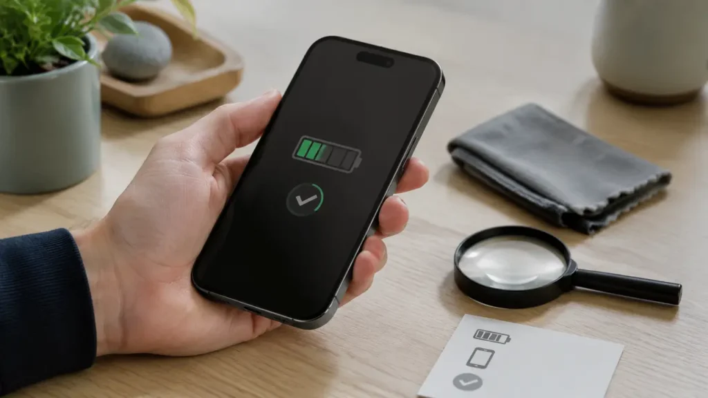 Begagnad iPhone 15 kontrolleras för batterihälsa, skick och prisvärde