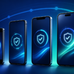 Fyra generationer av smartphones som symboliserar iPhone-uppdateringar och säkerhetsstöd