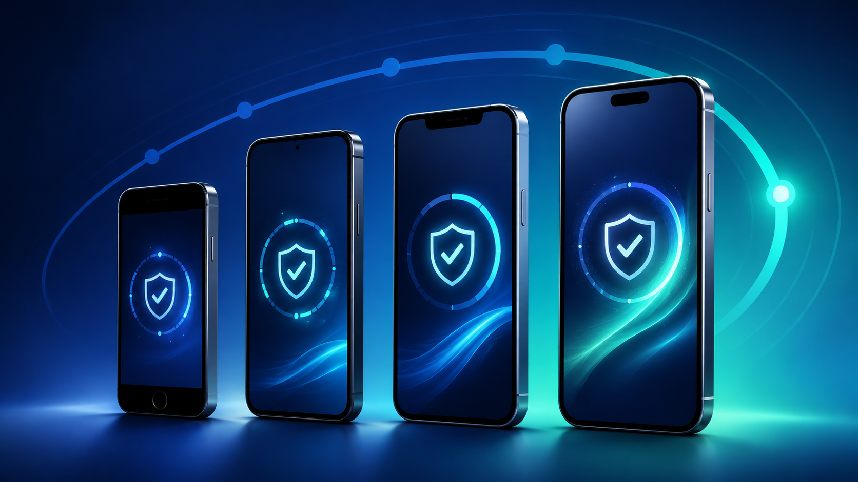Fyra generationer av smartphones som symboliserar iPhone-uppdateringar och säkerhetsstöd