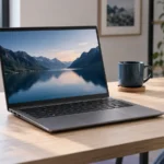 Refurbished laptop på skrivbord inför jämförelse av modeller och priser