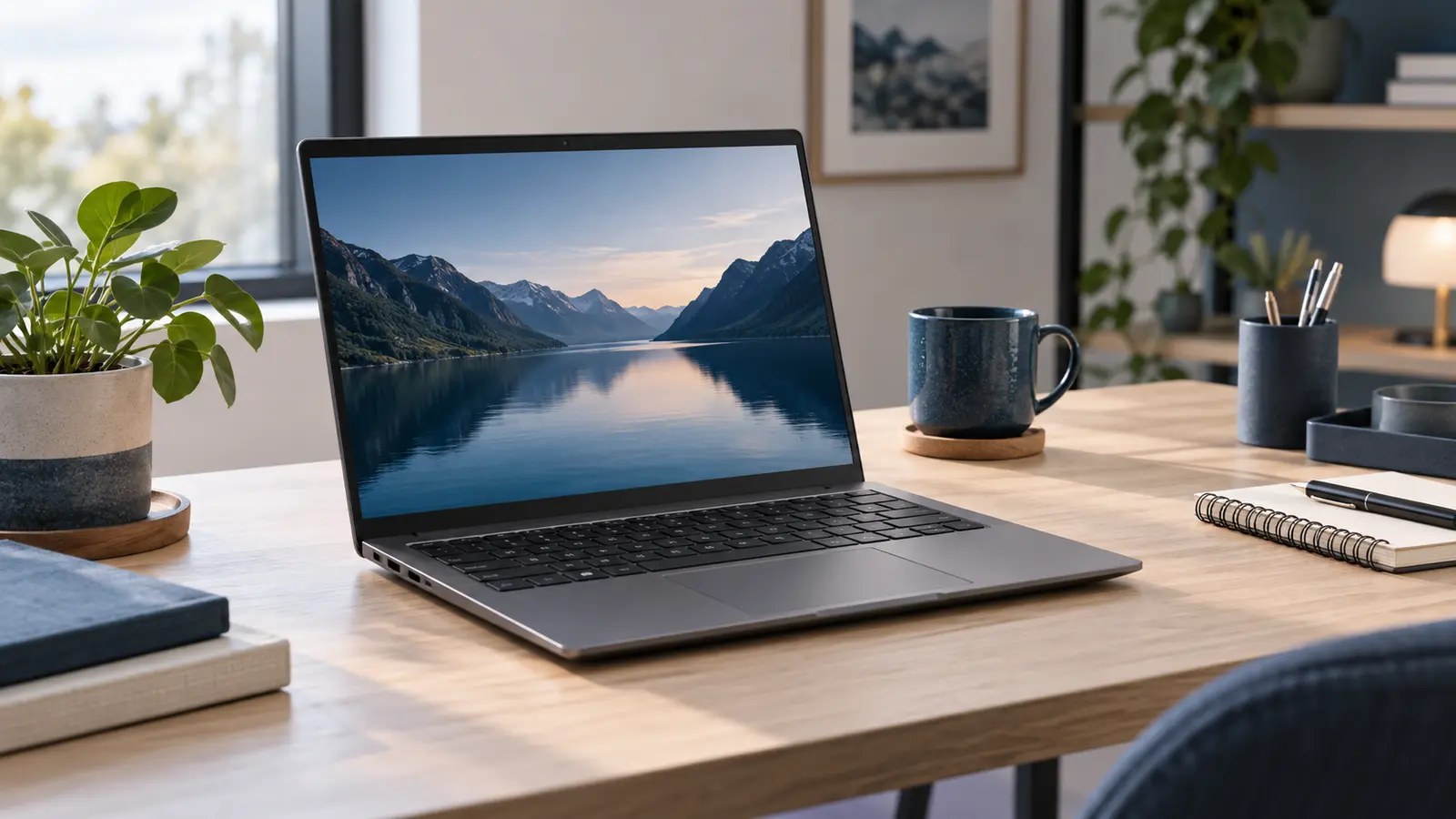 Refurbished laptop på skrivbord inför jämförelse av modeller och priser