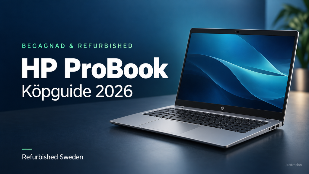 Illustration av en silverfärgad HP ProBook med texten ”HP ProBook – Köpguide 2026”.