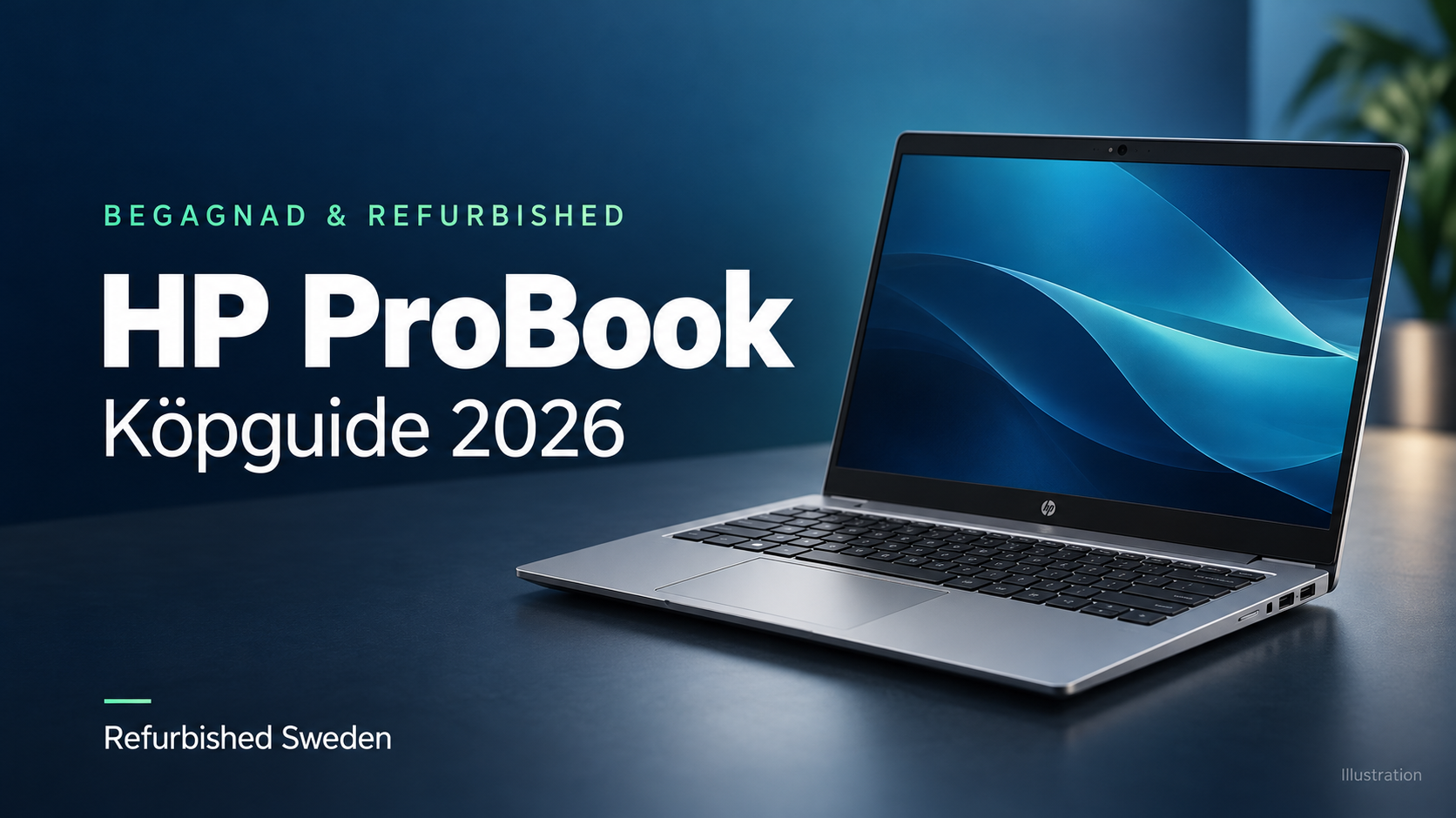 Illustration av en silverfärgad HP ProBook med texten ”HP ProBook – Köpguide 2026”.